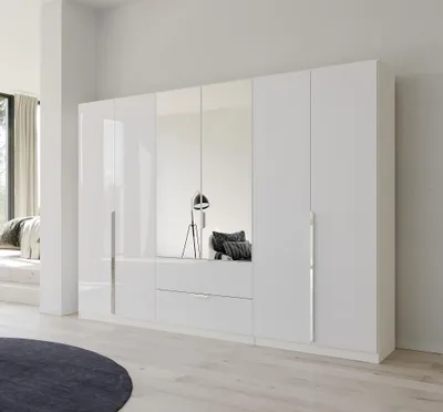 Produktbild von Kleiderschrank Drehtürenschrank Glamour | 6-türig | mit Spiegeltüren & Schubkästen | weiß Hochglanz / alpinweiß | 271x210