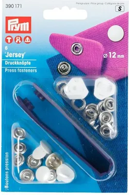 Obrázok produktu pre Stláčacie gombíky + narážač Jersey, 12 mm, 6 ks, hladká čiapočka, biele