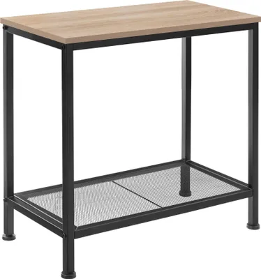 A product shot of a side table with a wooden top and a metal mesh shelf.