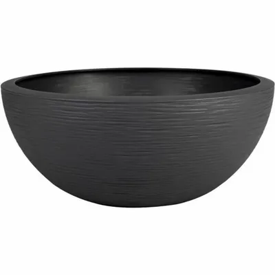 A dark gray, textured, round planter pot shown from a side-angle against a white background.