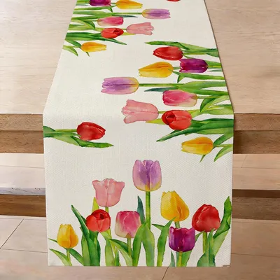 Produktbild von Tischläufer 33x183 cm Bunt Blumen Tulpe Sommer Leinenoptik Polyester Abwaschbar