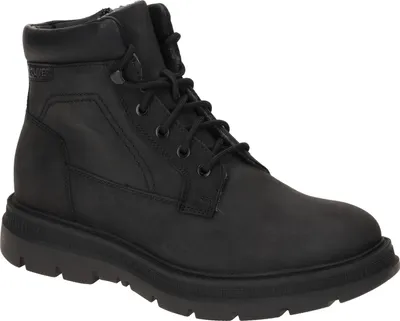 A black leather boot on a white background.
