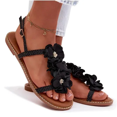 Produktbild von Dament Sandalen Flach Mit Dekorativen Blumen Schwarze Noemia 37