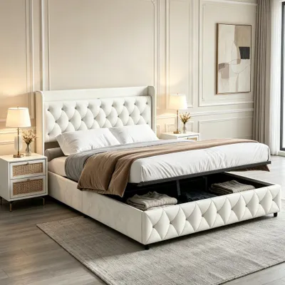 Image de Lit capitonné INONEFT 140 x 200 cm avec LED et port USB, lit coffre hydraulique avec tête de lit, lit double avec sommier à lattes, lit pour adolescents, en velours, couleur beige