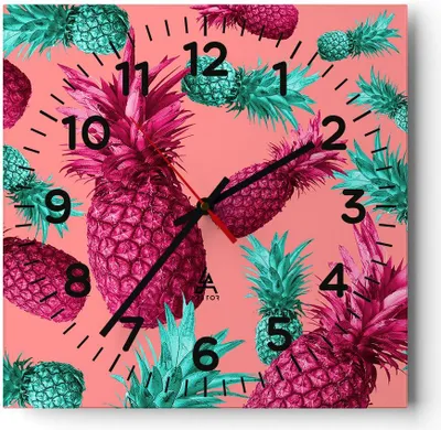 Produktbild von Wanduhr - Quadrat - Glasuhr - Ananas Obst Saft - 30x30cm - Schleichendes Uhrwerk - Lautlos - zum Aufhängen bereit - Dekoration Modern - Wanddekoration aus Glas - C4AC30x30-4031
