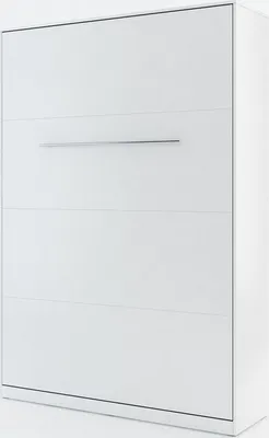 A closed white wall bed unit with a horizontal silver handle.