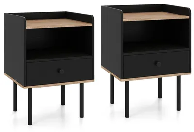 Image de Ensemble de deux tables de chevet noires avec tiroir et étagère