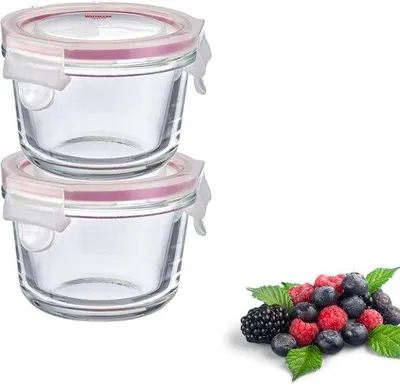 Obrázek produktu pro Sada dvou skleněných dóz Unyqoos® s víkem z červeného silikonu, vhodné do mrazáku i trouby, odolné teplotám od -20 do 280 °C, vzduchotěsné a stohovatelné