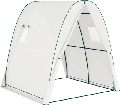 Produktbild von Foliengewächshaus 180x180x200cm mit Spitzdach, Treibhaus aus Stahl & UV-beständiger Gitterfolie, winterfestes Tomatenhaus inkl.Belüftungsfenster, Weiß