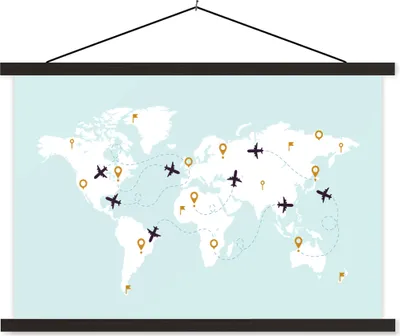 Produktbild von MuchoWow® Textilposter Weltkarte - Flugzeug - Einfach 150x100 cm mit schwarzem Rahmen - Schlafzimmer