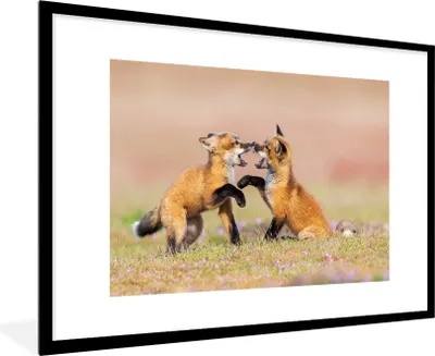 Produktbild von MuchoWow® MuchoWow® Gerahmtes Poster Füchse - Blumen - Porträt 90x60 cm - Poster mit zchwarzem Bilderrahmen - Wanddekoration - Fotos