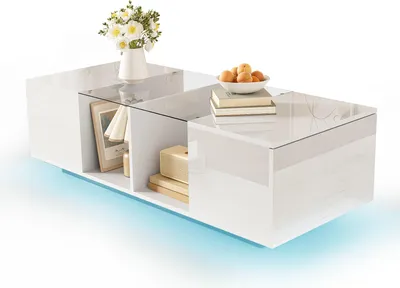 Produktbild von Fortuna Lai Moderner Couchtisch, Beistelltisch mit LED-Beleuchtung, Hochglanzplatte, 120 x 50 x 38,5 cm, weiß