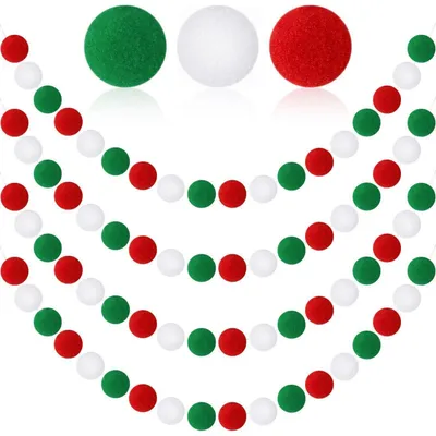 Produktbild von Pompom Girlande Filzkugeln 2M Rot Grün Weiß 4er Set 30 Kugeln/Girlande