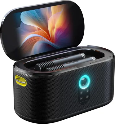 A portable wireless karaoke machine with two microphones and a screen.