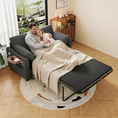 Obrázek produktu pro Rozkládací pohovka Merax pro 2 osoby, rozkládací pohovka s funkcí postele, sklopným stolkem, USB a USB-C konektory, matrací a 2 polštáři, 2 prostěradly, šedá