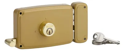 Image de Serrure horizontale en applique double entrée à tirage pour porte d'entrée, droite, 140x94mm, axe 70mm, marron, 3 clés - THIRARD