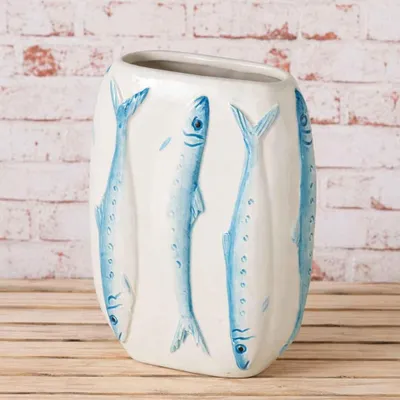 Produktbild von AltoBelli Vase SARDINA Keramik Blumenvase FISCHE Weiß Blau 16 cm