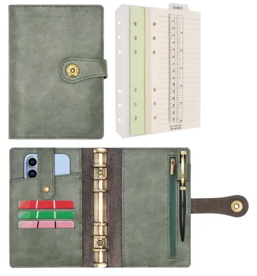 Produktbild von Ringbuch Notizbuch A6 Nachfüllbar Kunstleder Tagebuch Organizer Binder mit Taschen Liniertes Papier Stift Grün