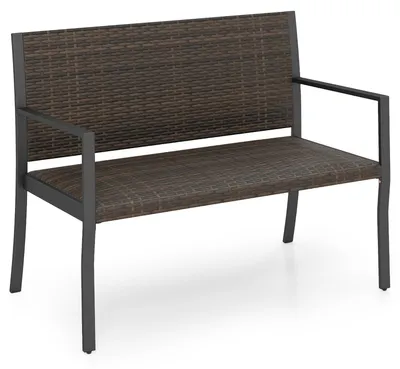 Image de Banc de jardin COSTWAY, résistant aux intempéries, 110 x 55 x 84 cm, banc d'extérieur pour balcon pour 2 personnes, jusqu'à 360 kg, banc en résine tressée avec assise rembourrée de mousse, banc de terrasse marron