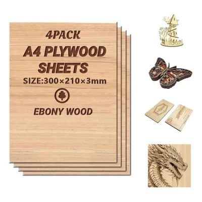 Image de 4 x A4 contreplaqué 3mm | Panneau de bois d'ébène- Découpes fines en bois| Feuille parfaite pour la scie à chantourner, la pyrogravure,la découpe laser, le routeur CNC