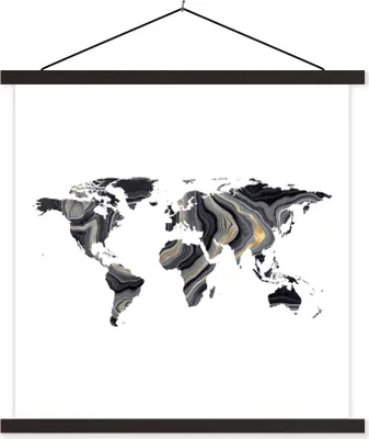 Produktbild von MuchoWow® Textilposter Weltkarte - Gold - Schwarz und weiß 120x120 cm mit schwarzem Rahmen - Aufhängungsset