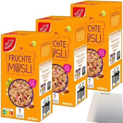 Produktbild von Gut & Günstig Früchte-Müsli mit 40% Früchten 3er Pack (3x750g Packung) + usy Block