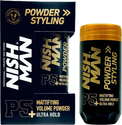 A product box and a bottle of hair styling powder.