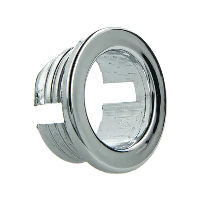 A close-up, isolated shot of a chrome overflow drain cover ring.