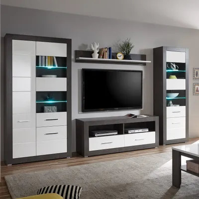 Produktbild von Moderne Wohnwand mit Standvitrinen ETON-61 in Betonoptik dunkel & Hochglanz weiß B/H/T: 335/198/35-45cm