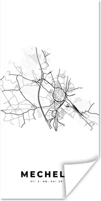 Obrázok produktu pre MuchoWow® Plagát - Mapa - Belgicko - Mechelen - Čiernobiela - Mapa mesta - Mapa - 75x150