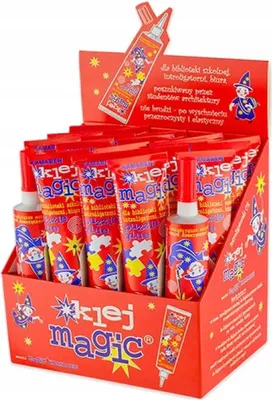 A display box filled with tubes of glue, with a cutout of a glue tube on top.