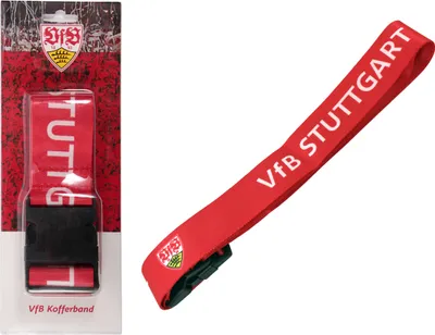 A red luggage strap with the VfB Stuttgart logo and text is shown, both in its packaging and as a standalone item.