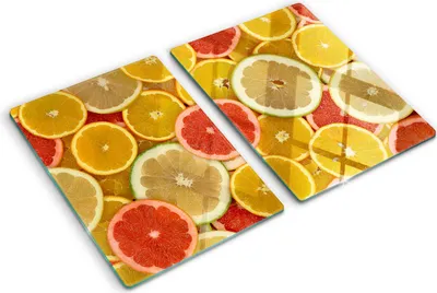 Produktbild von Tulup Glas Herdabdeckplatte - 2x40x52 cm - Glaskeramikkochfeld-Abdeckung Spritzschutz Glasabdeckplatte Kochplattenabdeckung und Schneidebrett - Zweiteilig - Essen & Getränke - Zitrusfrüchte - Mehrfarbig