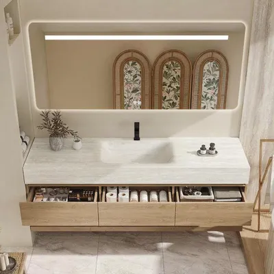 Immagine prodotto di Set lavabo sospeso - Pietra sinterizzata - Effetto travertino,  con specchio, mobile sottolavabo, ripiano e scarico, con foro per rubinetteria 120×55 cm【RW9865-120 K】