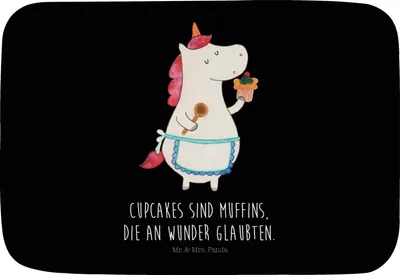 Produktbild von Mr. & Mrs. Panda Badezimmerteppich Einhorn Küche - Schwarz - Geschenk, Teppich Bad, Torte, Kuchen, Badteppich, Unicorn, Duschvorleger, Träumen, Muffin, Badematte