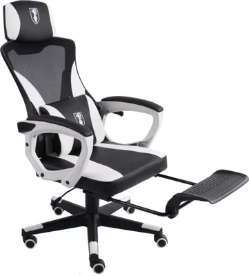 Produktbild von Gaming Stuhl im modernen Racing-Design mit einklappbarer Fußstütze - Gaming Chair mit flexiblen Armlehnen - ergonomischer Gaming Schreibtischstuhl mit extra Stützkissen  ,Farbe:Schwarz/Weiß