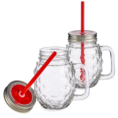 Obrázek produktu pro 2x sklenice na solanku s uchem, víčkem a brčkem 480 ml červené hrnkové sklo
