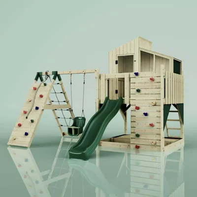 Produktbild von OutdoorToys Outdoor Spielturm mit Wellenrutsche, Spielhaus aus Holz mit Kinderschaukel, Kletterwand, Kletternetz, Ausführung: Babyschaukel, Farbe: Smaragdgrün Babyschaukel