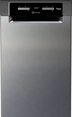 A front view of a stainless steel dishwasher with a black control panel.