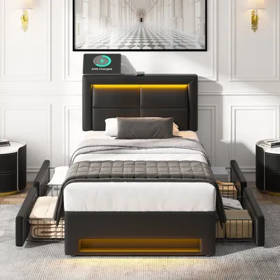 A modern bedroom setup featuring a black upholstered bed with LED lighting, nightstands, and a large framed artwork on the wall.