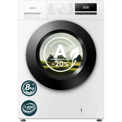 Produktbild von homeX WF814H1A-W Waschmaschine 8kg, Frontlader - 1.400 U/Min, Dampffunktion, AquaStop, Inverter Motor, 15 Programme
