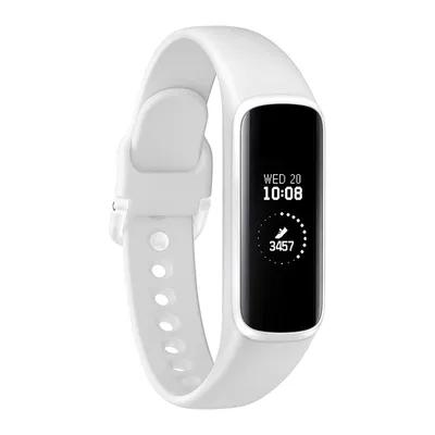 A white Samsung Galaxy Fit e activity tracker is shown against a white background.