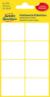 Zdjęcie produktu dla Avery 3078, Biały, Zaokrąglony prostokąt, 38 x 29 mm, Papier, 8 szt., 5 ark.