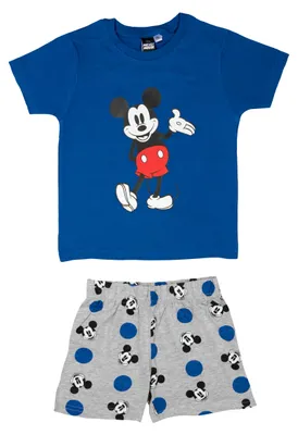 Produktbild von Disney Mickey Mouse Schlafanzug für Jungen Kinder Pyjama Set Kurzarm Oberteil mit Hose Blau/Grau 110-116