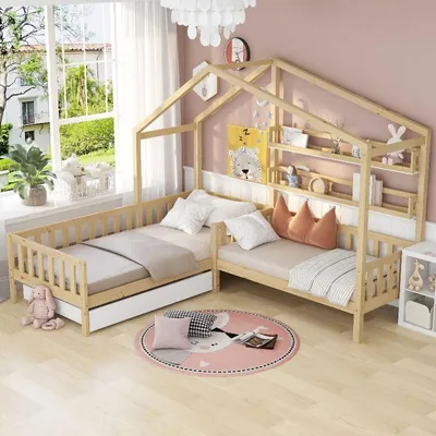 Productafbeelding van Kinderbed, type huisbed, met lades en planken, L-vormig bedframe, afmetingen 90x200 cm en 140x70 cm, naturel, grenen, MDF