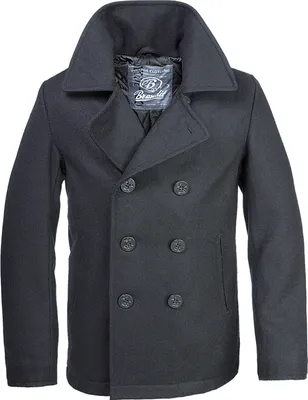 A black pea coat is shown against a white background.