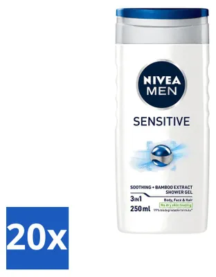 Immagine prodotto di 20 flaconi di gel doccia NIVEA MEN Sensitive, idratante, da 250 ml. Confezione  da 20 pezzi