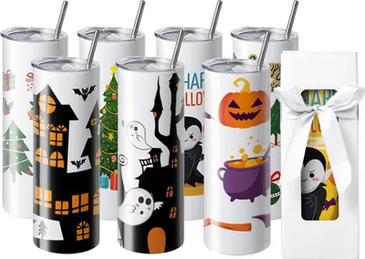 Produktbild von 8er-Pack geradlinige Sublimationsbecher, 591,5 ml Blank-Becher in Großpackung, doppelwandige Edelstahlbecher mit Strohhalm, Deckel, Bürste, Sockel, Schrumpffolie, Geschenkbox, für Heißpressen und Wärmeübertragung