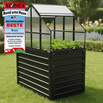 Produktbild von BRAST 2in1 Hochbeet mit Alu Gewächshaus-Aufsatz | Integriertes Drainage-System | wetterfest | 120x80x167cm | 4mm Hohlkammerplatten | 2 Pflanzwannen | Pflanzbeet für Balkon Terrasse & Garten