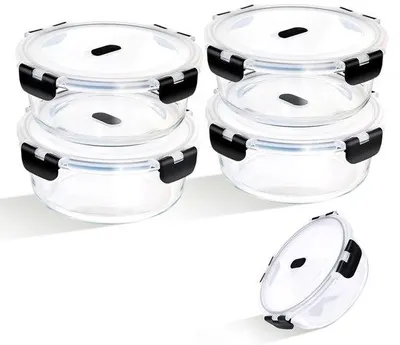 Produktbild von Glas-Geräte-Set mit Deckeln, 4-teilig, runde Mahlzeitboxen mit Deckeln, verschließbare Glasbehälter mit Deckeln für den Transport von festen Mahlzeiten, schwarz